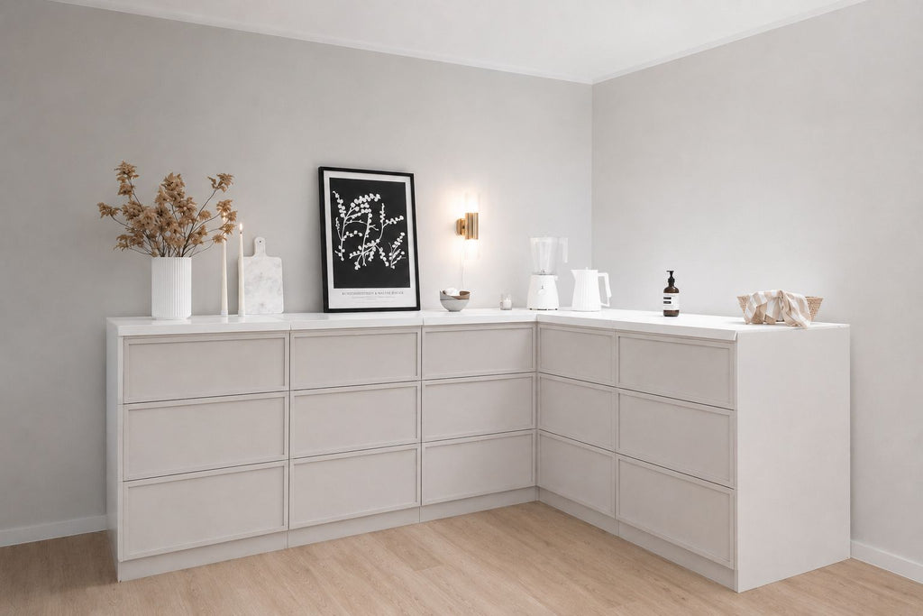 Papkøkken 240 × 180 cm i L-form til Home Staging